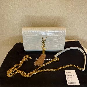 YVES SAINT LAURENT YSL Kate Tassel Croc-Embossed Chain Wallet shell cream color